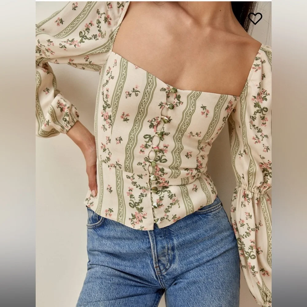 Reformation Cream Floral Square-Neck Corset Blouse